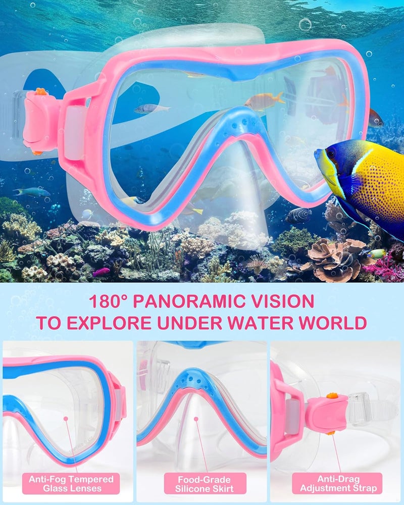 FosDero Kids Snorkel Set Mask Fins-Panoramic Snorkel Mask+Dry Top Snorkel+Adjustable Swim Fins+Mesh Bag+Earplugs for Boys Girls, Junior Snorkeling Gear for Kids Ages 5-14 - Image 3